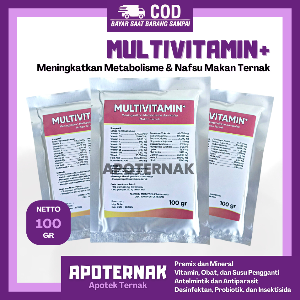 MULTIVITAMIN PLUS 100 gr - Suplemen Multivitamin+ dan Elektrolit untuk Nafsu Makan Ternak Kambing Domba Sapi