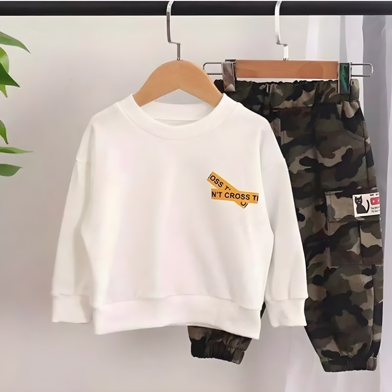 Fashion setelan sweater bayi anak laki laki dan perempuan motif cross x offwhite usia 6 bulan-5 tahun bahan babyterry best quality