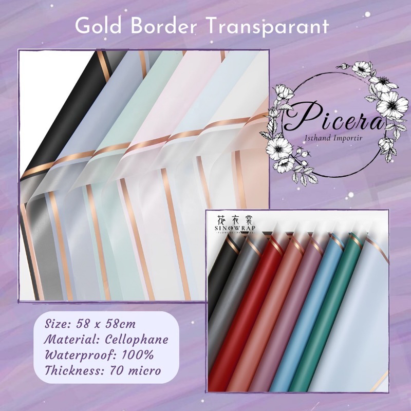 

Flower Wrapping Paper Gold Border List Transparant Solid Cellophane Waterproof Kertas Bungkus Pembungkus Bouquet Bunga Warna Emas Bening Transparan Anti Air
