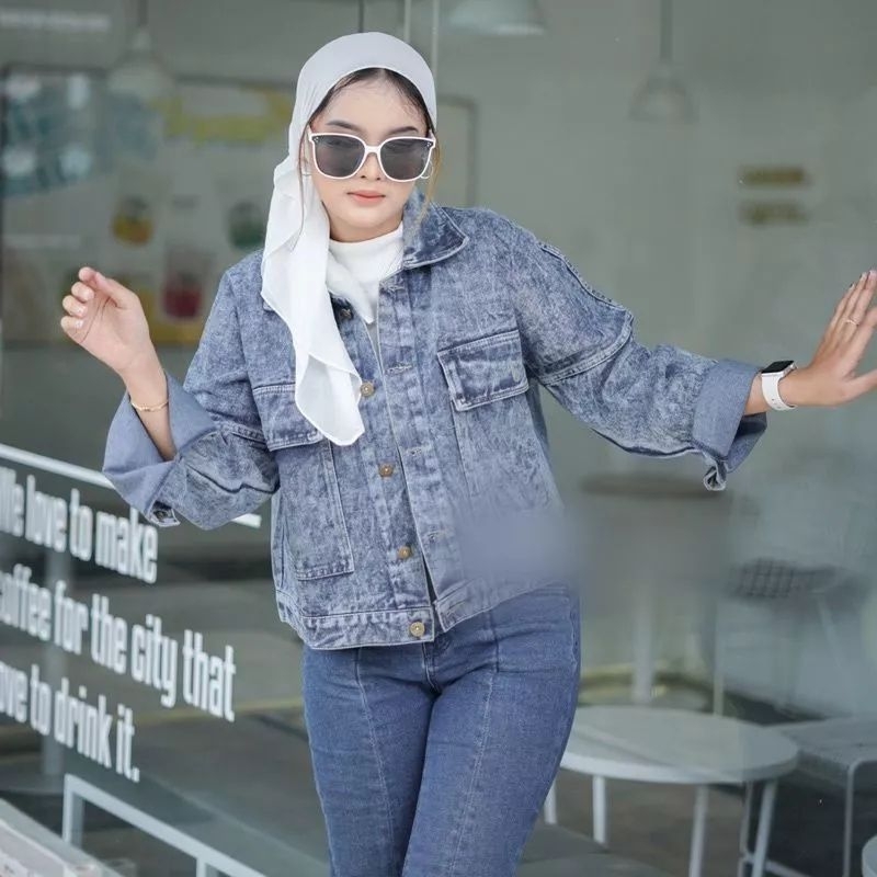 Tamstore Jaket Jeans Denim Wanita Oversize