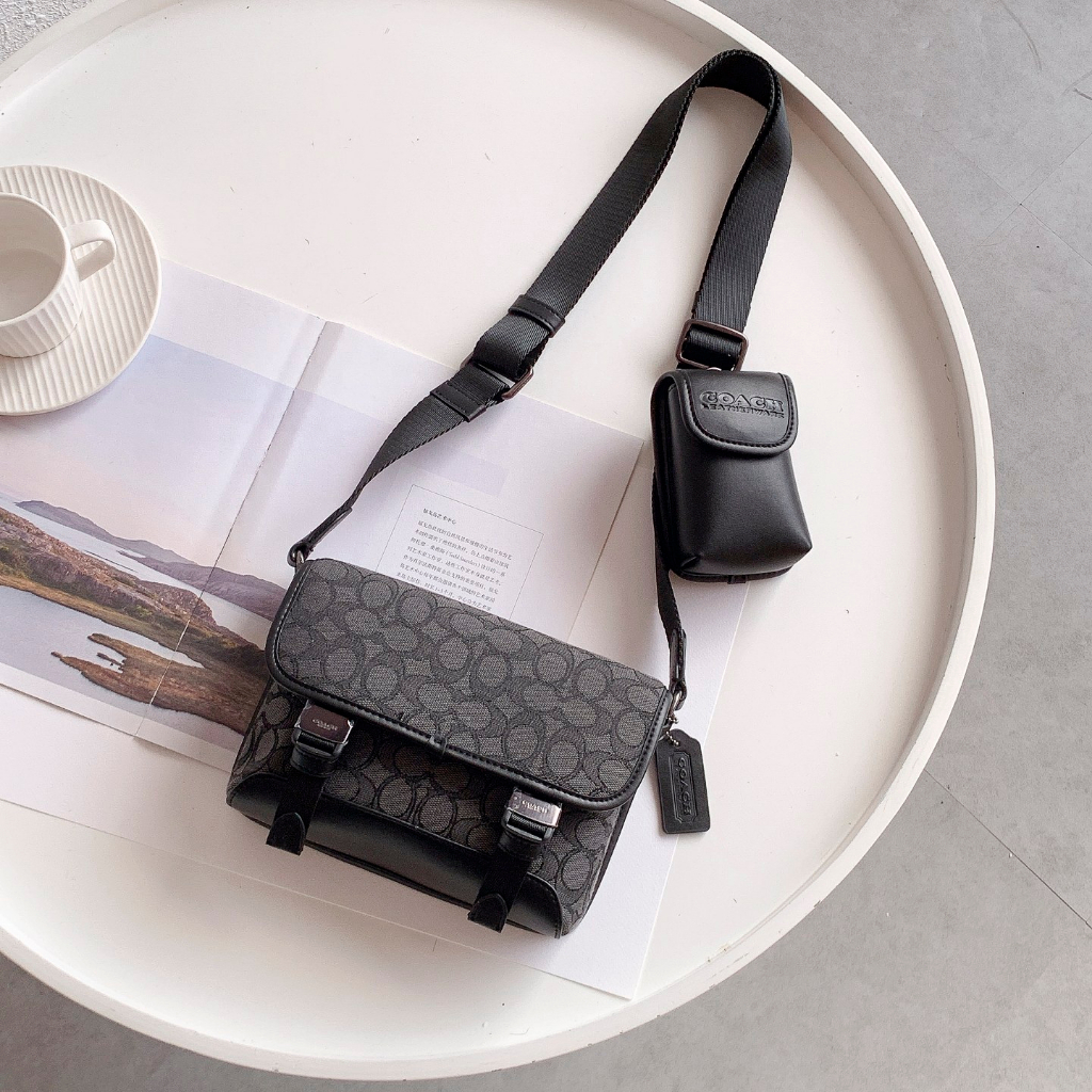 Coach 8113 Original Cowhide LEAGUE Men's Flap Change 2-in-1 Crossbody Bag Press C Canvas with Refined Cowhide Shoulder Bag Crossbody Bag Handbag Postman Bag  ycb