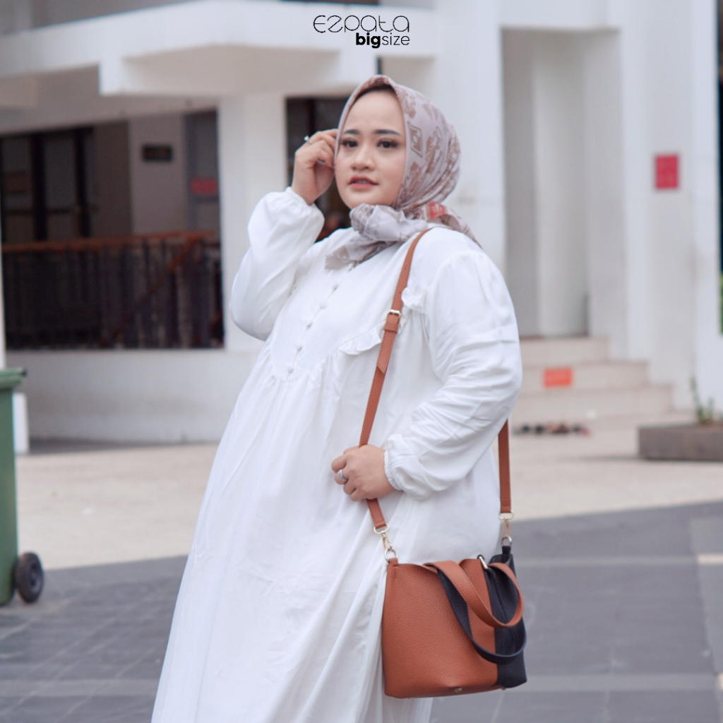 Ezpata Gamis Putih Wanita Fashion Muslim Dress Rayon Jubah Polos Jumbo LD 130cm Kancing Depan Lengan Karet Busui Wudhu Friendly Murah Berkualitas