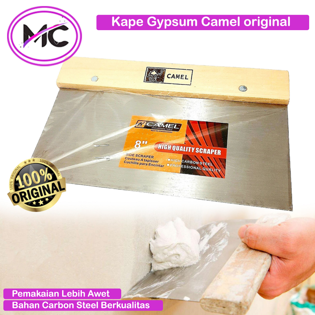 Kape Gypsum Camel 8 inch Sekrap Stainless Gagang Kayu Gypsun Plafon Tembok Plamir Kompon