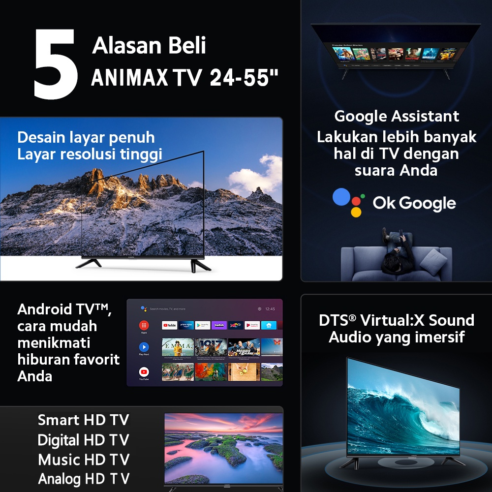 ANIMAX Android 50 inch TV Smart Digital TV 4K UHD - Android 11.0 - Voice Control - Bluetooth Connectivity - Dolby Audio