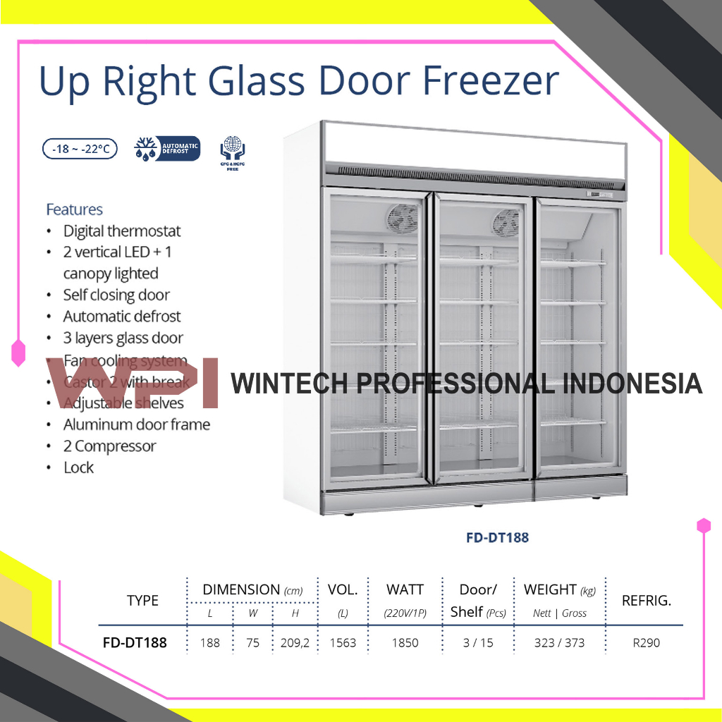 Gea FD-DT188 Up Right Glass Door Freezer - Freezer Showcase untuk Memajang Ice Cream, Frozen Food, Daging Beku 1563 Liter - Freezer Kaca Berdiri 3 Pintu 15 Rak - Freezer Automatic Defrost