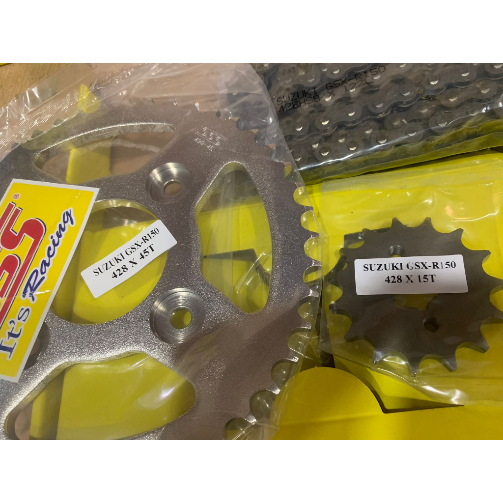 SSS Gear gir ger set chainkit GSX R150 original gear depan belakang rantai 428 15 45