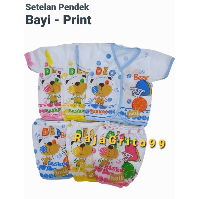 Setelan Pendek Bayi Motif Putih Print isi 6 Pcs (setengah Lusin) - Bahan PE / Setelan Baju Pendek bayi motif Sablon  - Baju Kaos setelan Pendek bayi Baju Pendek + Celana Pendek