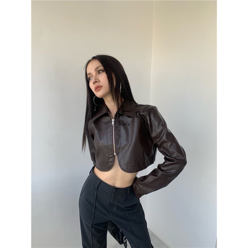 jacket kulit crop wanita / leather jacket curved cropp