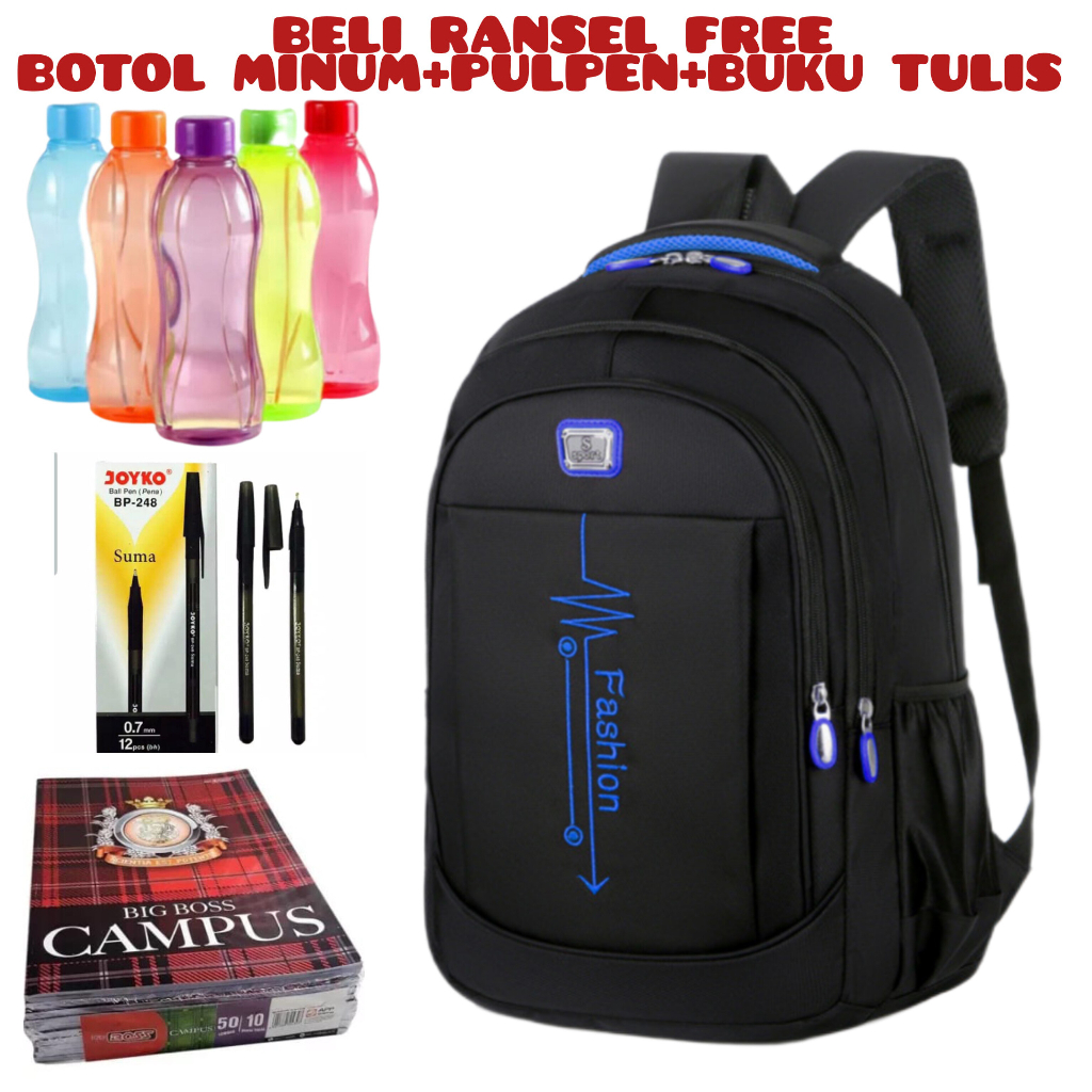 JS_Beli 1 Dapat 4-Tas Pria ZB RDN 069 Distro Raindoz Bandung Ransel Punggung Backpack Cowok Keren Sek BRAN NB-Tp BJ Beli Ransel Free Boto Minum+Pulpen+Buku Tulis