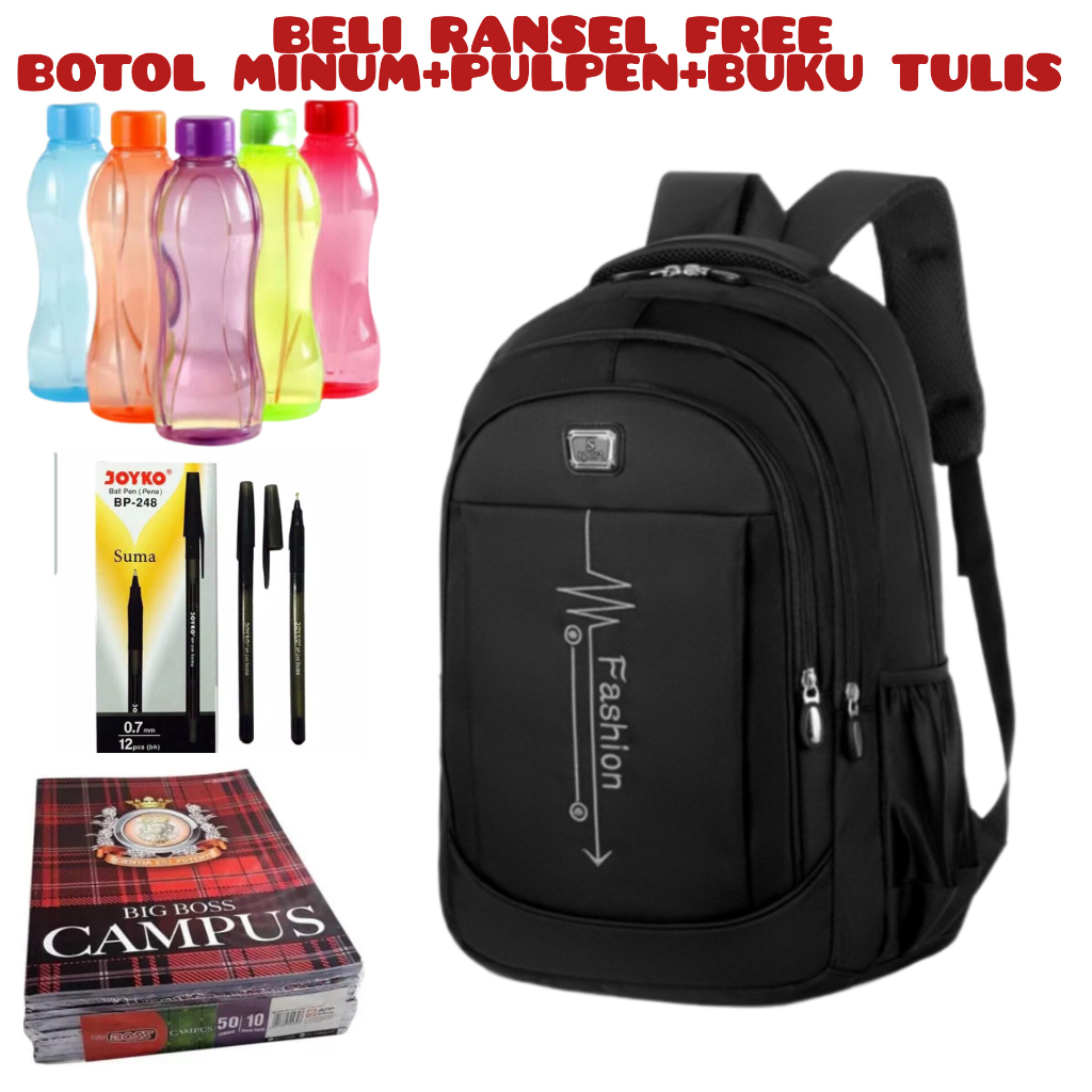 JS_Beli 1 Dapat 4-Tas Pria ZB RDN 069 Distro Raindoz Bandung Ransel Punggung Backpack Cowok Keren Sek BRAN NB-Tp BJ Beli Ransel Free Boto Minum+Pulpen+Buku Tulis