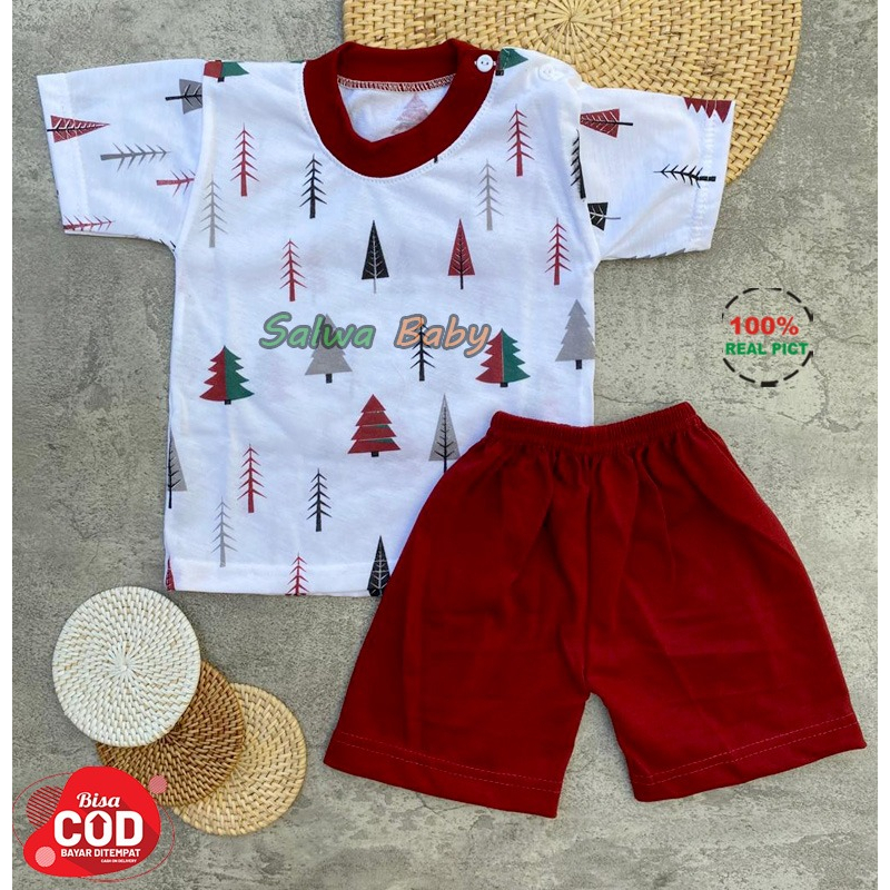 Setelan Baju Bayi Piyama Bayi Lengan Pendek Kancing Pundak Motif Fir Tree Usia 3-12 Bulan Anababy