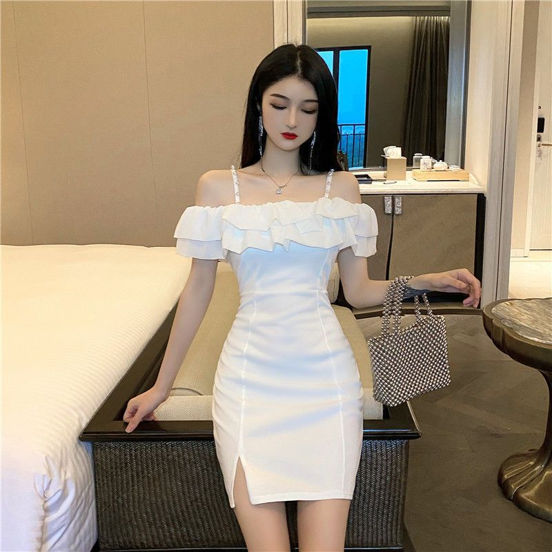 MA | REINE Dress | Pearl one-shoulder ruffled dress wanita import