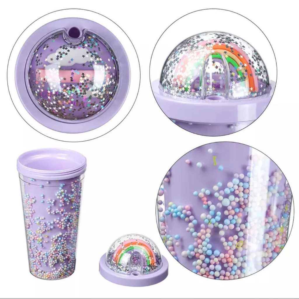 STV Botol Minum Tumbler Glitter Rainbow Pelangi Foam 550ml Gelas Cantik Unik Kado Lucu