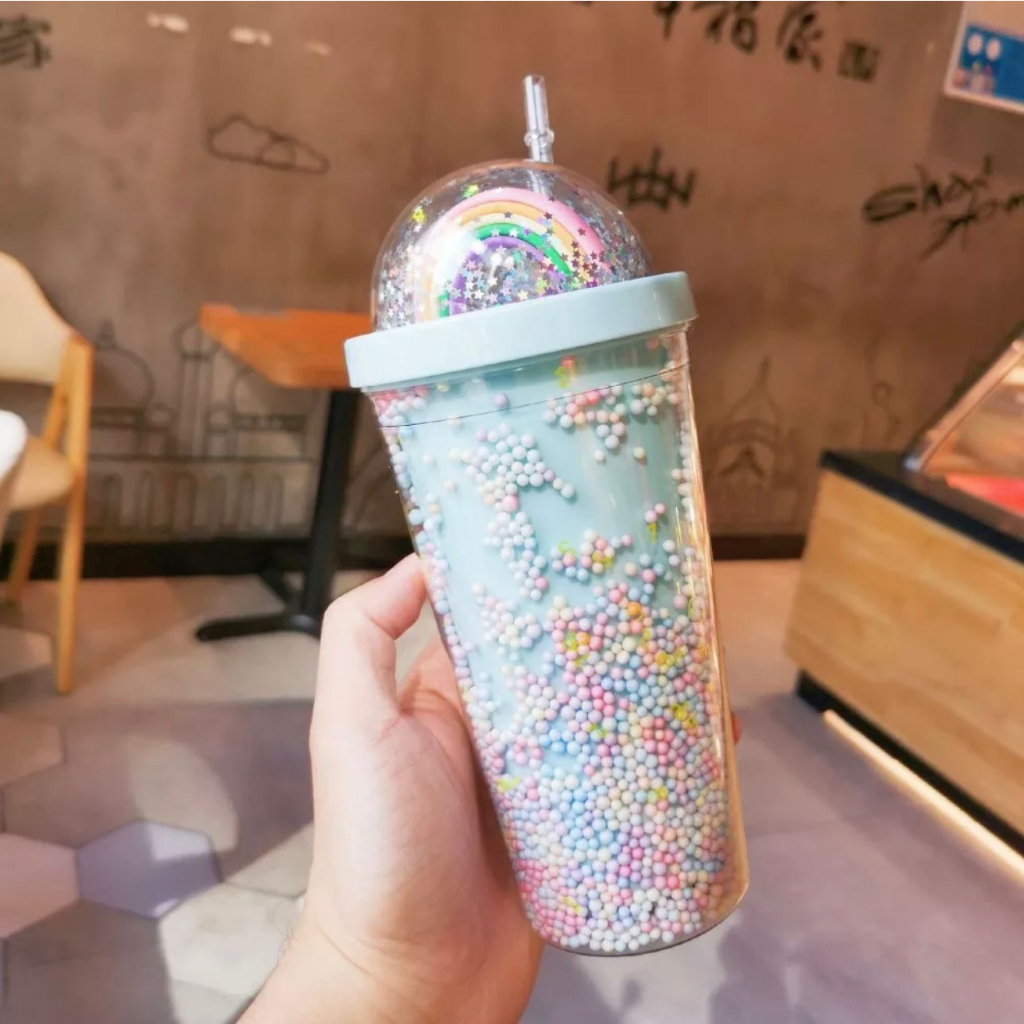 STV Botol Minum Tumbler Glitter Rainbow Pelangi Foam 550ml Gelas Cantik Unik Kado Lucu