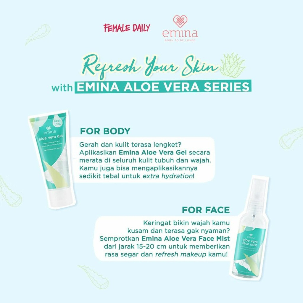 EMINA Aloe Vera Gel Indonesia / Pelembab Kulit 60ml / A Light Soothing Gel With Quadruple Hydration System / Melembabkan Iritasi Kemerahan Cool Sensation / Aloevera Extract Multi Purpose Extra Moisture Freshness Multifunction / Skincare Series / Face Mist