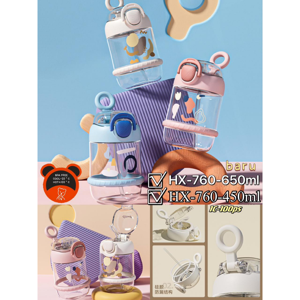 BOTOL MINUM ANAK HENOOR MODEL BULAT DENGAN TENTENGAN HX-760-450ML