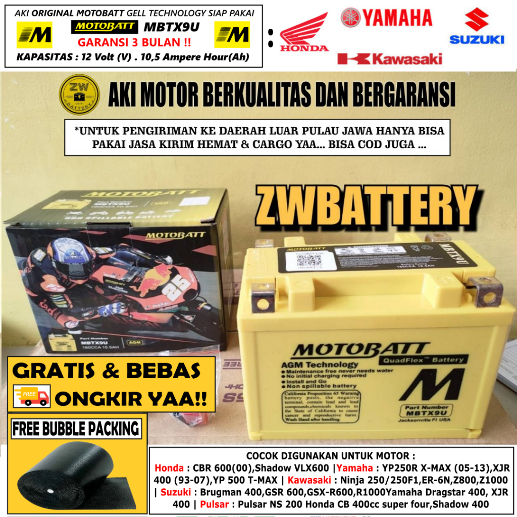 AKI MOTOR KAWASAKI NINJA 250 FI MBTX9U / YTX9 MOTOBATT 10.5 AH