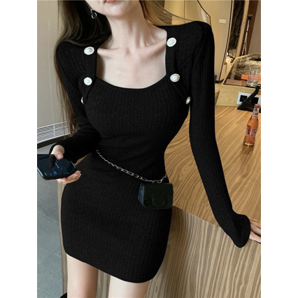 【Elegant】Long Sleeve Square Neck Plain Ribbed Mini Knit Dress 2142