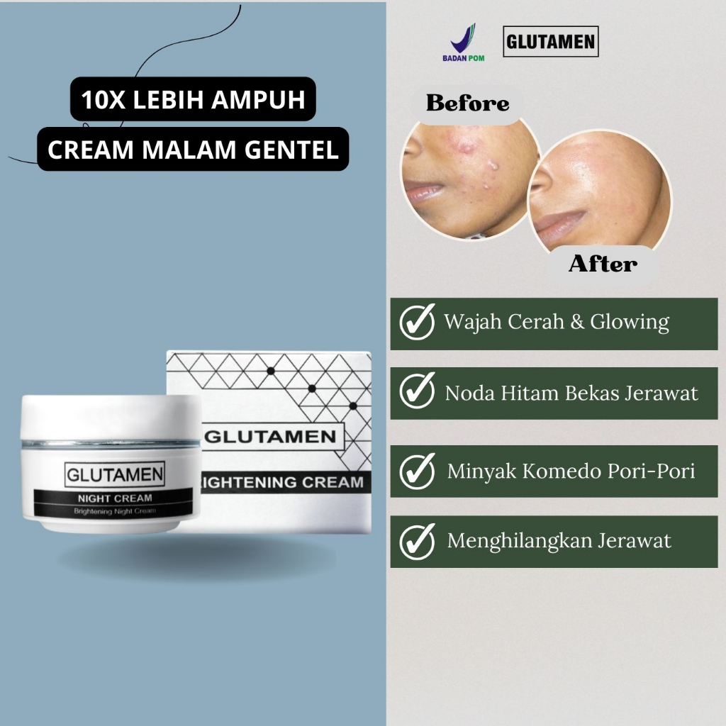 Cream Malam Gentel Glutamen Skincare BPOM Pemutih Wajah Kusam Glowing Penghilang Jerawat Pria Krim R