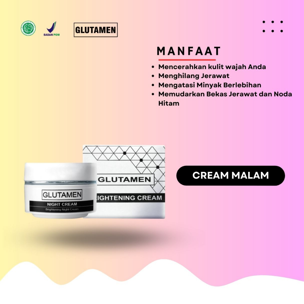 Cream Malam Gentel Glutamen Skincare BPOM Pemutih Wajah Kusam Glowing Penghilang Jerawat Pria Krim