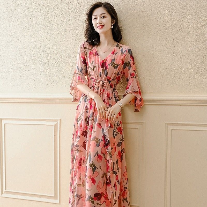 Sweet Floral Dress Summer Dress New Ruffled Chiffon Dress M450