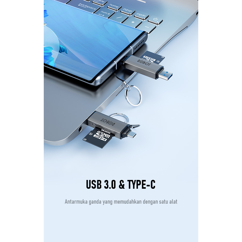 Adapter OTG ROBOT CR202S Memory Card Reader 2 in 1 USB 3.0 Type-C OTG MMC Micro SD TF - Garansi Resmi