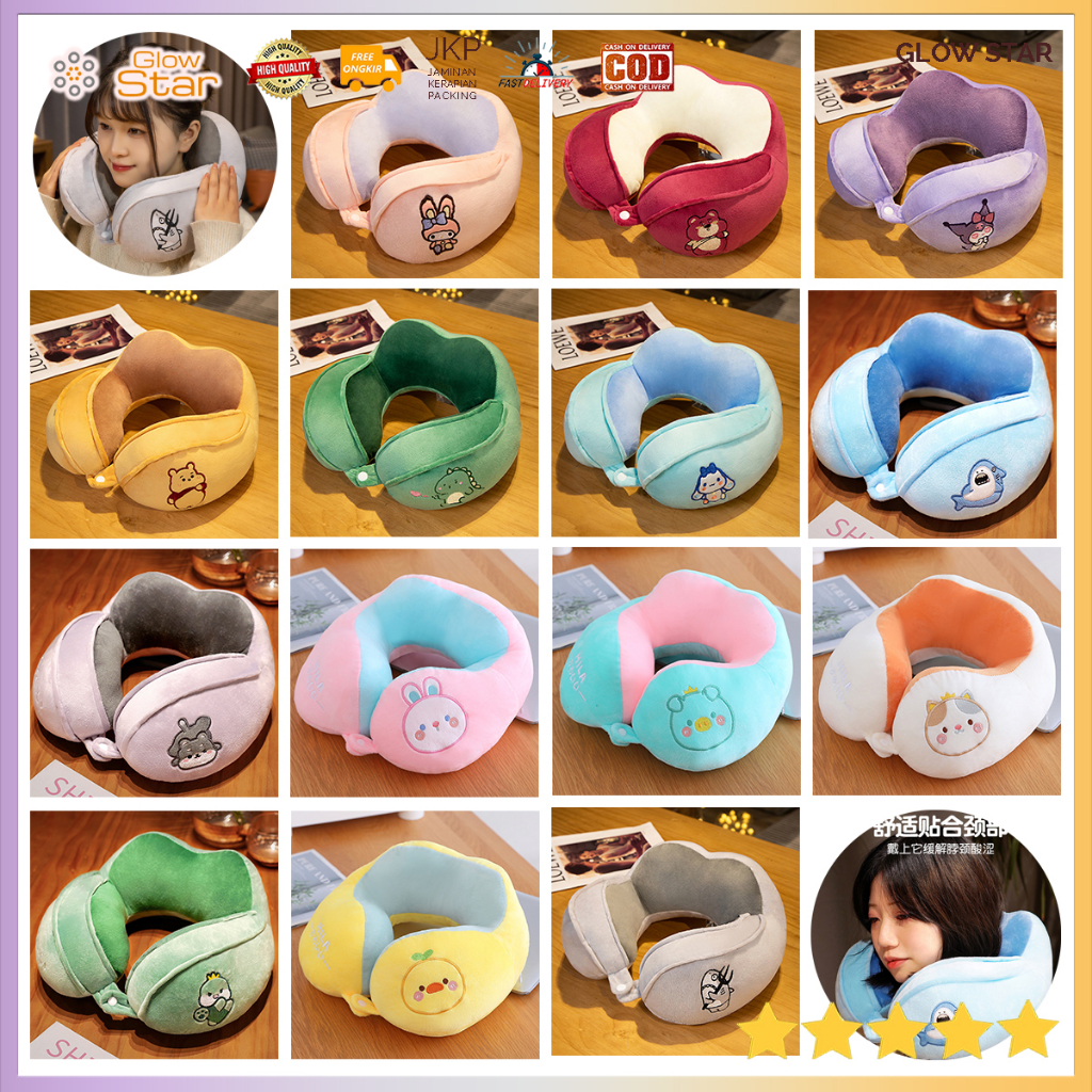 BU3NE New Ear Bantal Leher U-Shape Travel Neck Pillow Blue Empuk Kantor Istirahat Nyaman Dakron Poliester Mobil Perjalanan Lucu Kartun dino shiba shark blue pink bunny pooh besar dewasa melingkar Lembu halus mobil pesawat