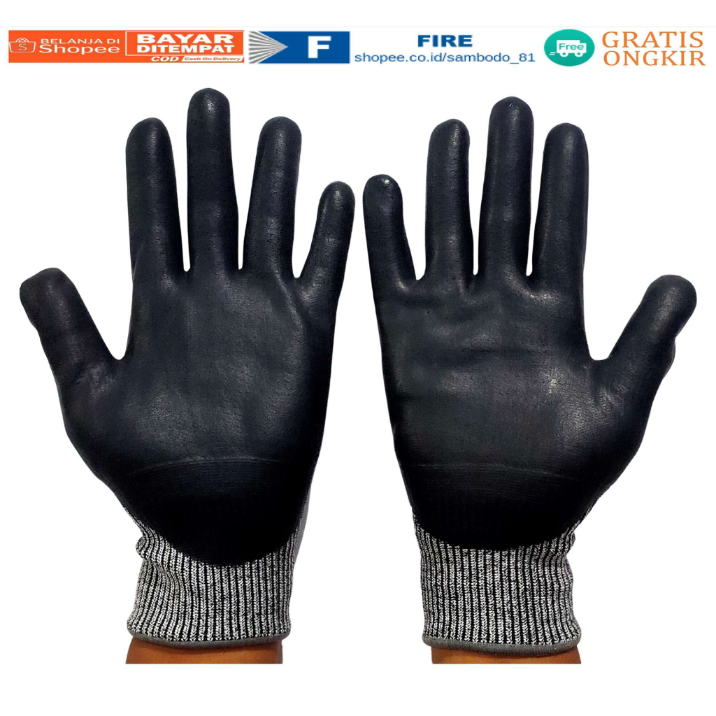 Sarung Tangan Glove Cut Resistant level 5 Anti Pisau potong coated coating tapak dilapisi Nitril Hitam