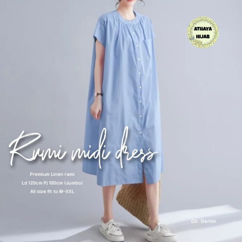 Dress Midi Casual Polos Jumbo Linen LD 120 Rumi Midi Dress Wanita Polos Terbaru By Athaya Hijab