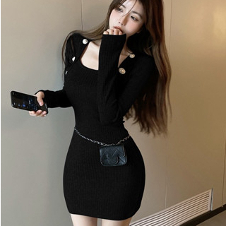 【Elegant】Long Sleeve Square Neck Plain Ribbed Mini Knit Dress 2142