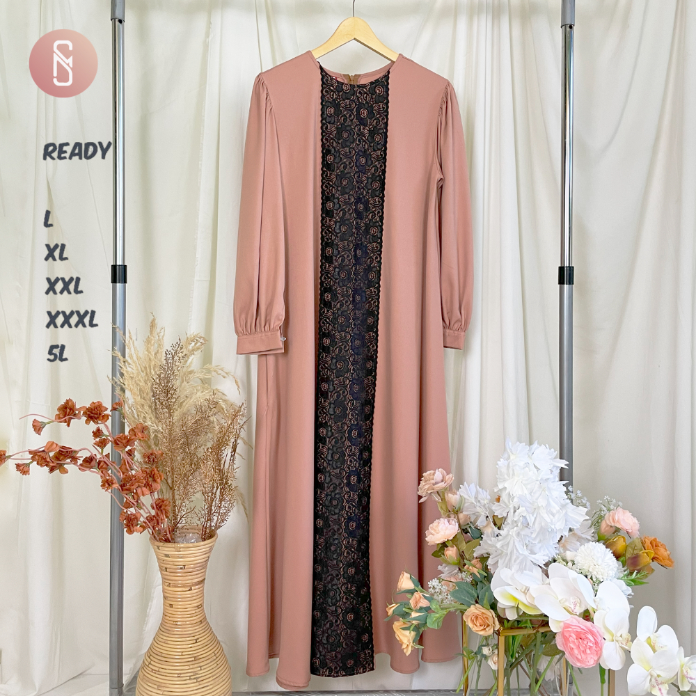 Myshawl Halima Gamis Brukat Crinkle Jumbo Big Size Uk M XL XXL XXXL 5L LD 94 100 110 120 130 140-Mocca