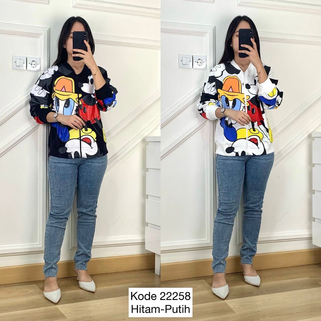 22258 OUTER JACKET KAOS SLETING DEPAN MICKEY DONALD PREMIUM WANITA OUTER KAOS BELAH DEPAN SLETING VA
