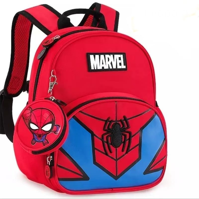 Tas Anak Sekolah TK Laki Laki Lokal Bahan Nilon Kualitas Premium Bagian Depan priting Karakter Marvel dan spiderman
