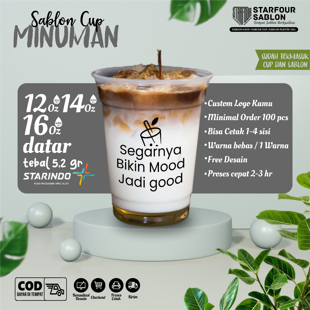 Sablon Gelas Cup 12,14,16 Oz - Bahan Tebal Starindo - Sablon Cup Minuman I Free Desain