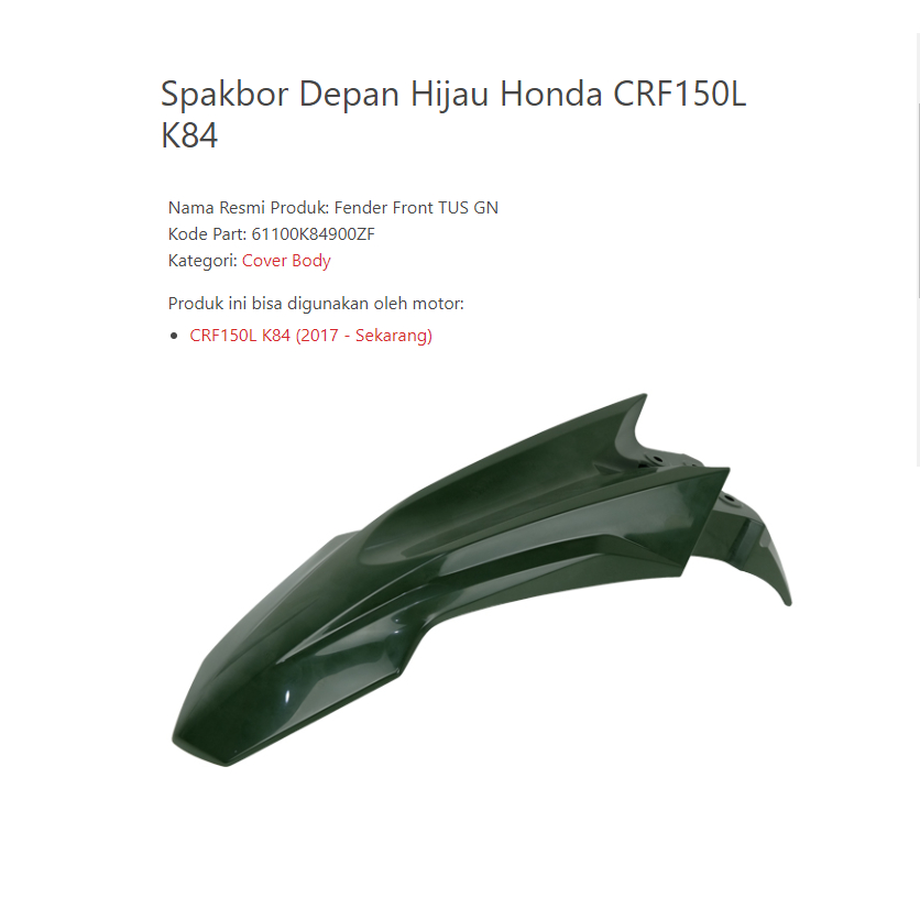 61100K84900ZF Spakbor Depan Hijau Honda CRF150L K84