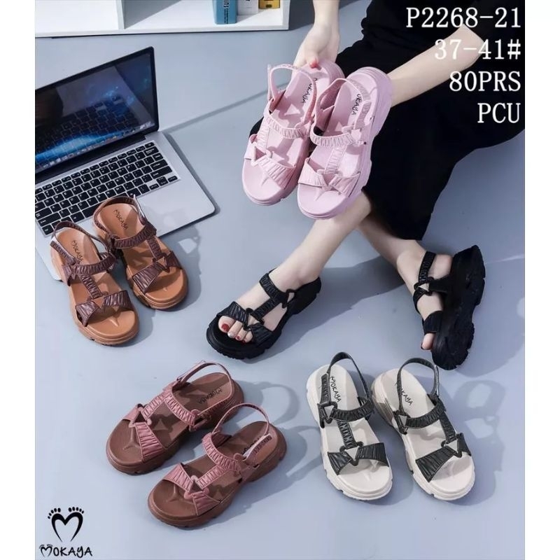 SANDAL LET GUNUNG JELLY IMPORT WANITA TALI SAMBUNG KERUT SEGITIGA SOL TEBAL 2268