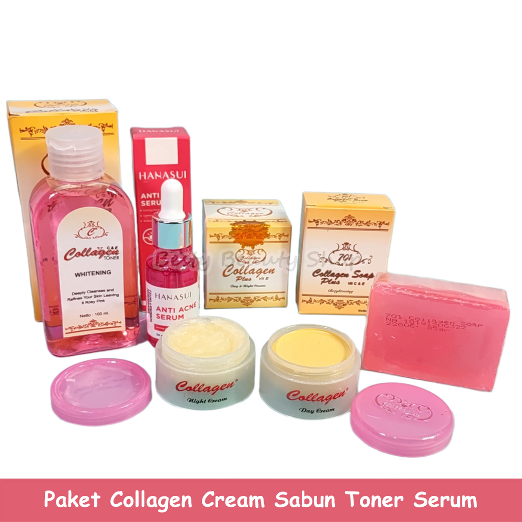 Paket Cream Collagen Siang Malam Plus Sabun 701 Toner dan Serum Anti Acne Hanasui