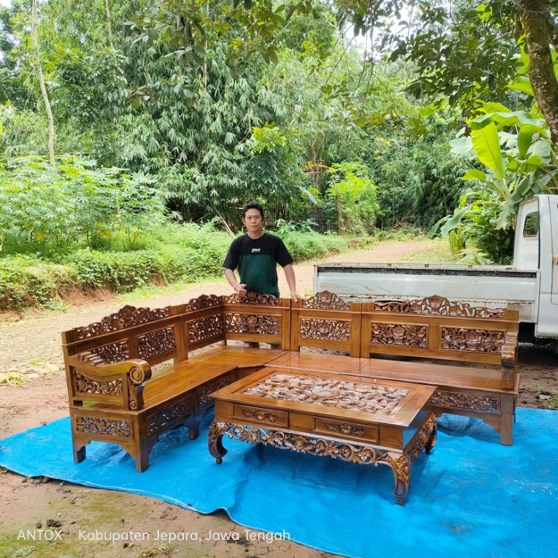 kursi tamu sudut ukiran kayu jati mebel Jepara