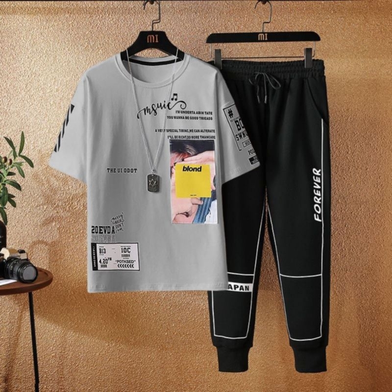 STELAN ( HUOHUO ) STELAN PRIA DEWASA 1 SET KAOS DISTRO + CELANA PANJANG JOGGER MODEL TERBARU