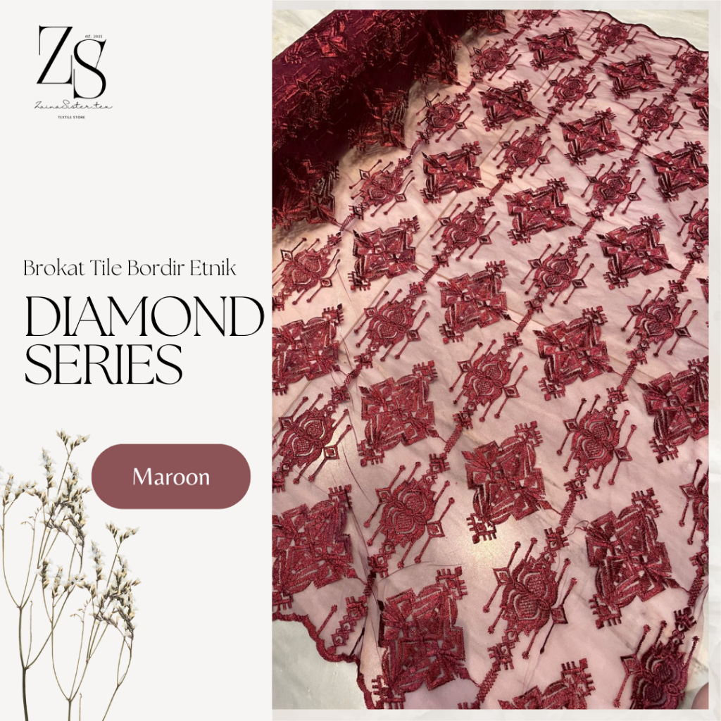 Bahan Kain Brokat Brukat Tile Kebaya Bridesmaids Bordir Etnik Mewah Diamond Series Warna Merah Maroon Marun