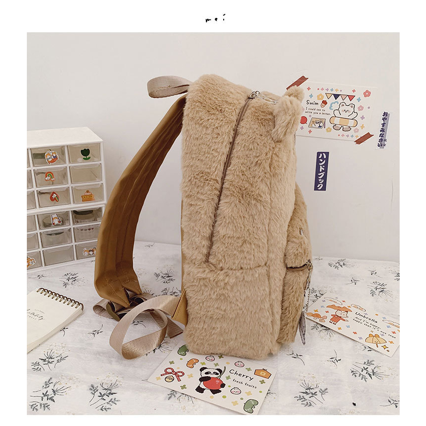 Tas Ransel Wanita Bulu Beruang Happy Bear Backpack Feather Ransel Perempuan Lucu Sekolah Menengah Tas Bordir Mewah Ransel Pasang Kapasitas Besar