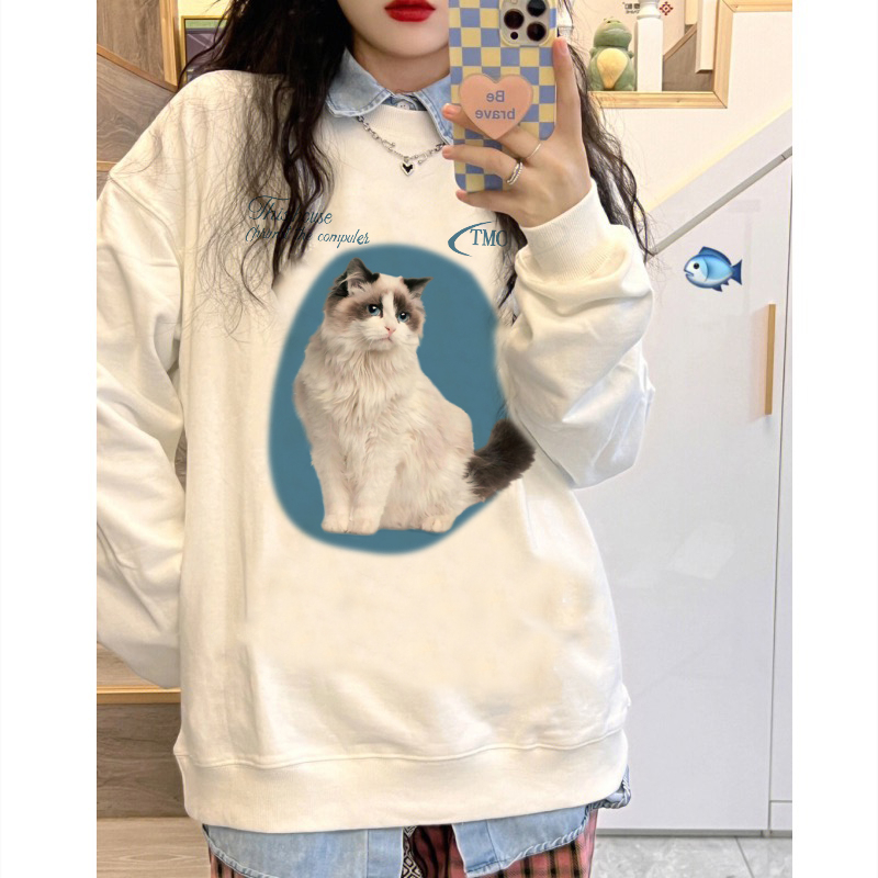 EUNII Sweater Lengan Panjang Cartoon Puppet Cat Printing Korean Style/Sweater Crop/Baju Wanita/Switer Wanita/Switer