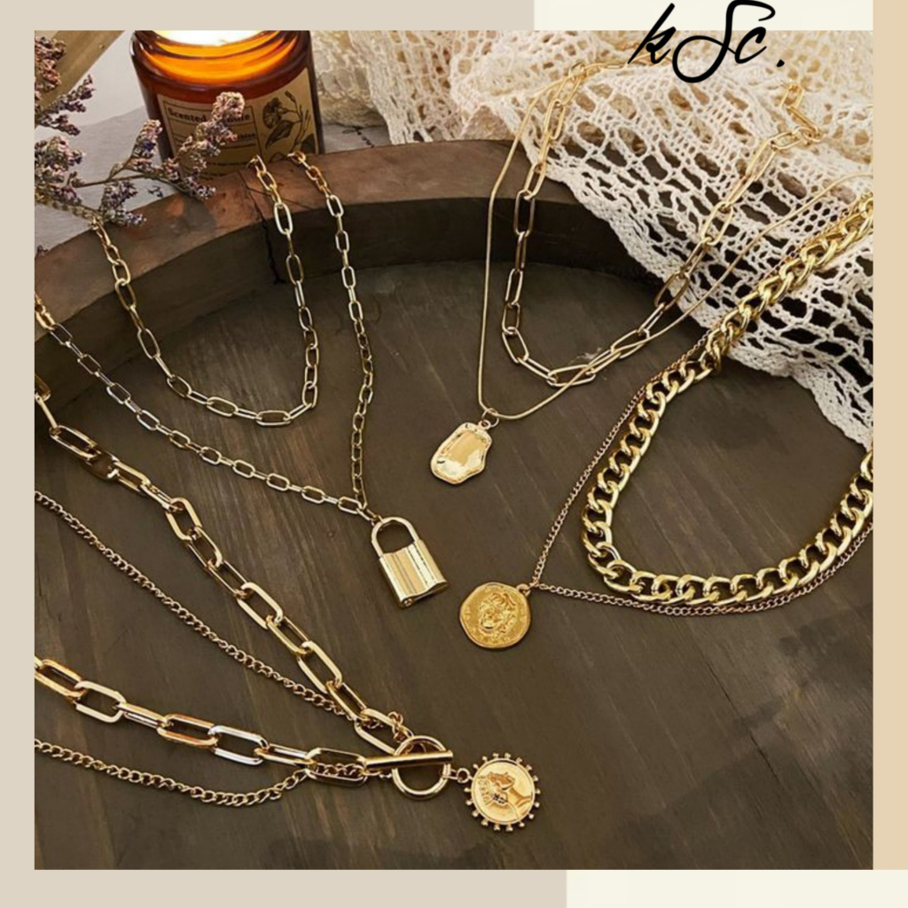 [Part 2]Kalung Rantai Multilayer Gold Tebal Gaya Korea Bohemian Retro Aksesoris Fashion Wanita Hijab