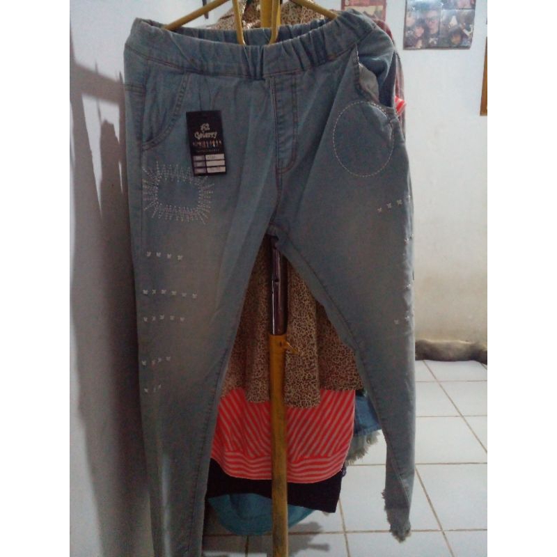 celana jeans pinggang karet motifbordir
