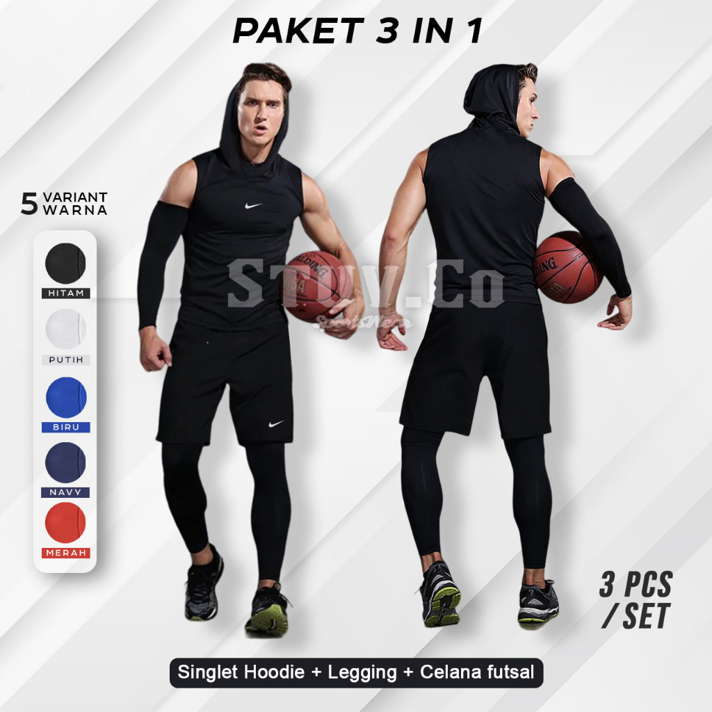 PAKET 3IN1 BASELAYER OLAHRAGA SINGLET HOODIE LEGGING PANJANG DAN CELANA DRYFIT FUTSAL SEPAKBOLA BASKET GYM FITNESS JOGGING LARI