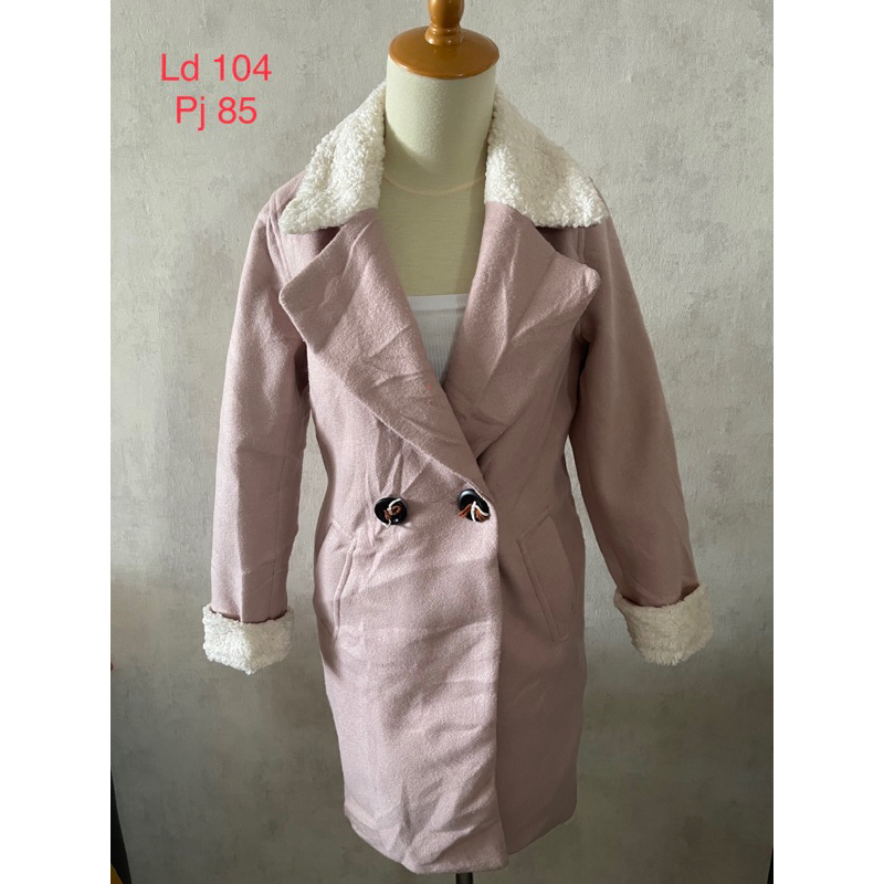 Ainuyi long coat wool mix sherpa warna dusti pink