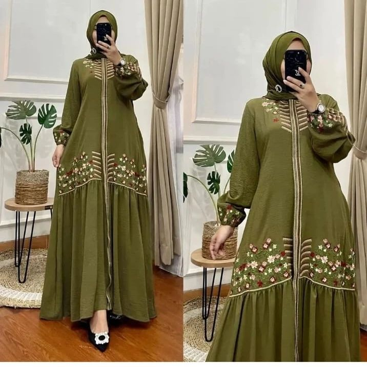 Baju Gamis Wanita Kekinian 2023 Bunga Dress Gamis Maxy Crinkle Bordir Gaun Panjang Mewah Muslim Wanita Pakaian Muslim Wanita Dress Perempuan Terbaru Gamis Bordir