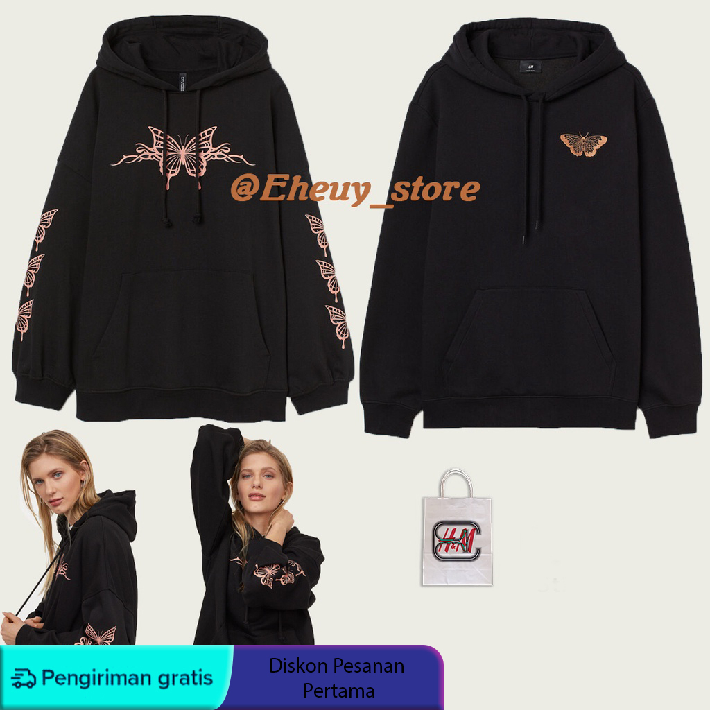 Hoodie HM Butterfly Hitam Sweater Hoodie Pria Wanita