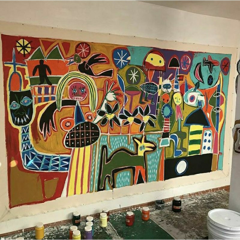 lukisan abstrak primitif lukisan ukuran jumbo 140x270 cm