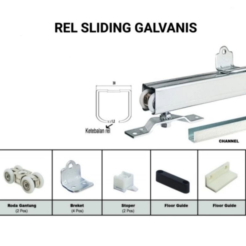 Rel Pintu Geser/Sliding Rail Galvanis D3/J3 Panjang 1.8 meter Komplit Set